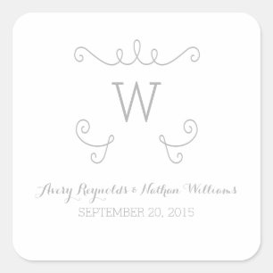 Grau-Whimsical-Blüh Monogram-Hochzeitskleber Quadratischer Aufkleber