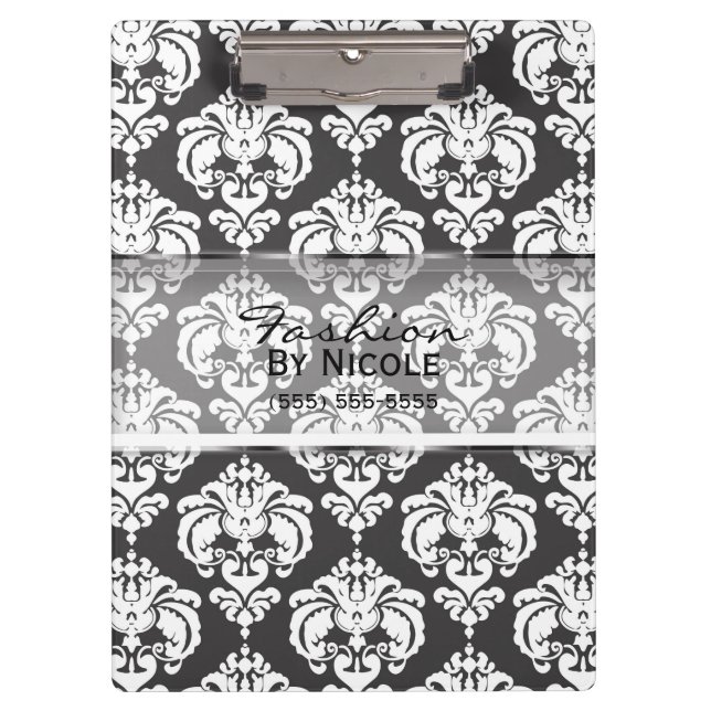 Grau & White Damask Chic Elegantes Glam Personalis Klemmbrett (Vorderseite)