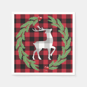 Grau White Deer Buffalo Kariert Holly Pine Berries Serviette