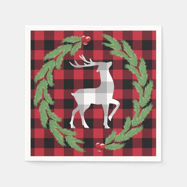 Grau White Deer Buffalo Kariert Holly Pine Berries Serviette (Vorderseite)