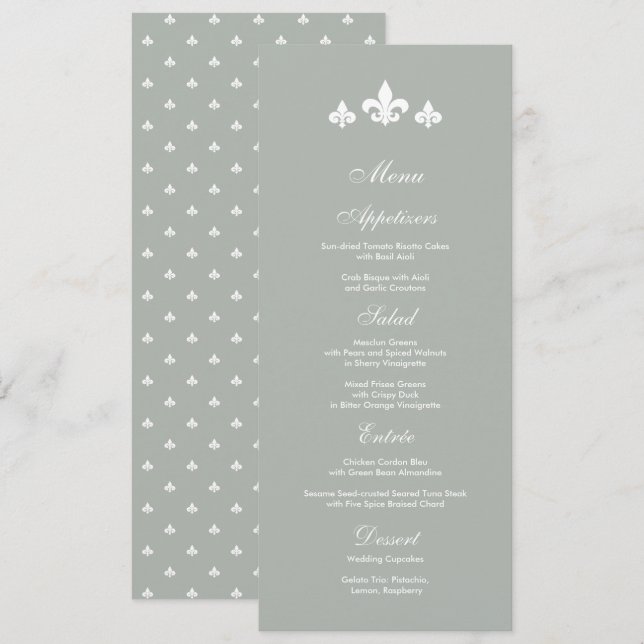 Grau | White Fleur-de-lis Wedding Menu Cards Menükarte (Vorne/Hinten)