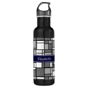 Grau White Mondrian Style Navy Ribbon Monogram Edelstahlflasche