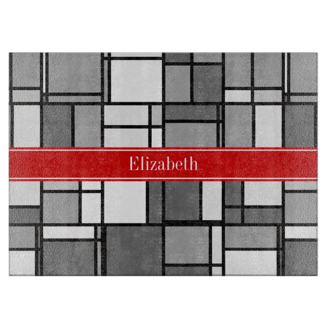 Grau-White Mondrian Style Red Ribbon Monogram Schneidebrett (Vorderseite)