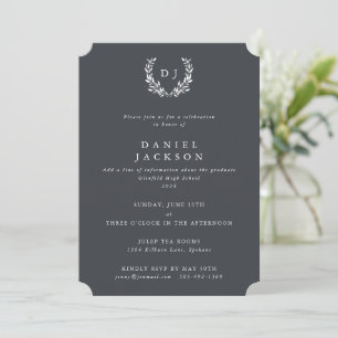 Grau + White Monogram Laurel Wreath Abschluss Einladung