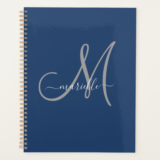 Grau-White Monogram Navy Blue Planer (Vorderseite)