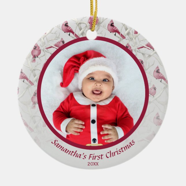 Grau Winter Kardinal Baby Personalisiertes Foto Keramik Ornament (Vorne)