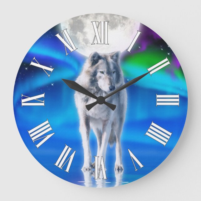 Grau Wolf & Aurora Moon Wilhelm Tell Große Wanduhr (Vorderseite)