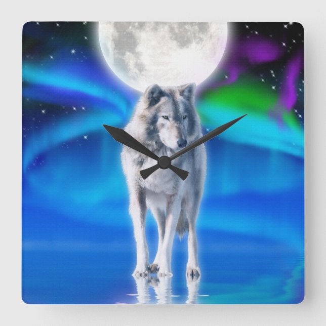 Grau Wolf & Aurora Moon Wilhelm Tell Quadratische Wanduhr (Vorderseite)