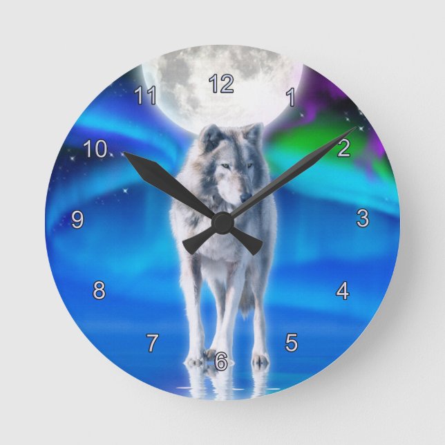 Grau Wolf & Aurora Moon Wilhelm Tell Runde Wanduhr (Vorderseite)