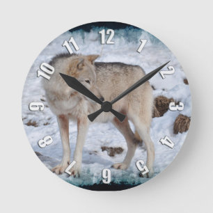 Grau Wolf im Winter Snow Wildlife Foto Runde Wanduhr
