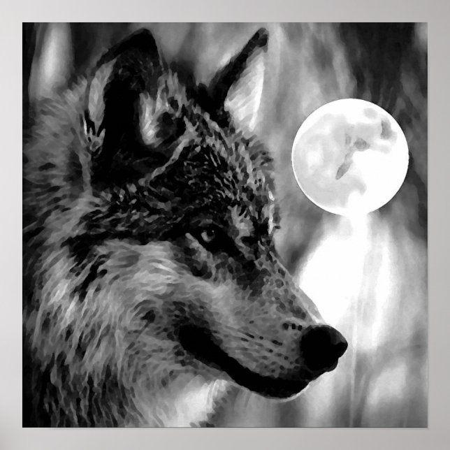 Grau Wolf & Moon Poster Print (Vorne)