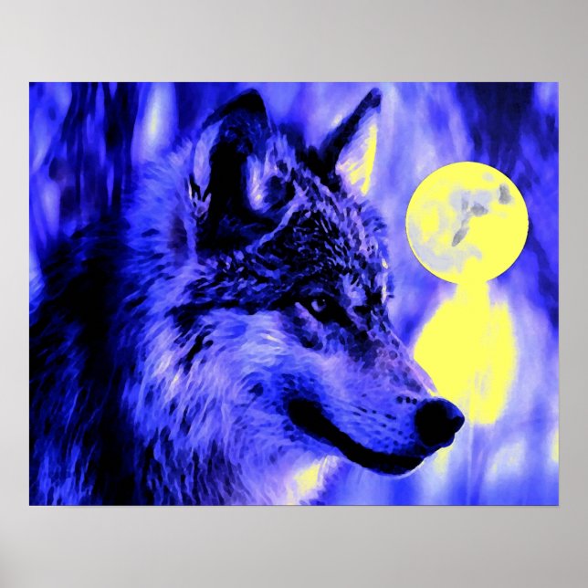 Grau Wolf & Moon Poster Print - Blaue Nachtwölfe (Vorne)