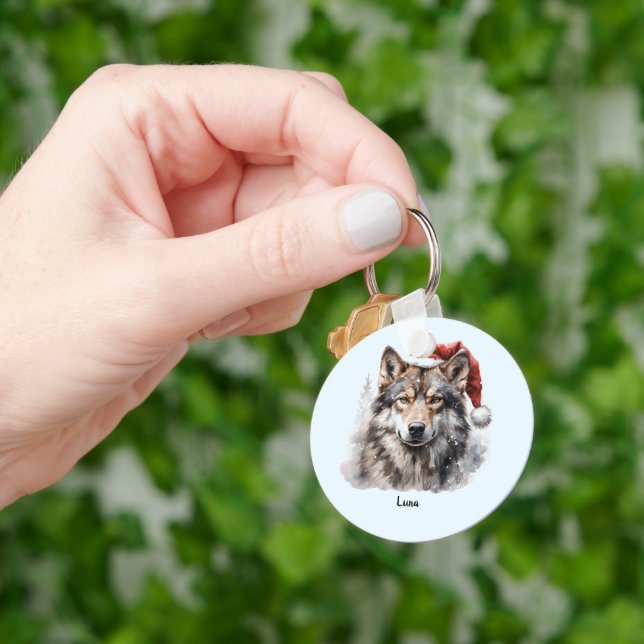 Grau Wolf Weihnachtsmannmütze Monogram Name Jahr W Schlüsselanhänger (Hand)