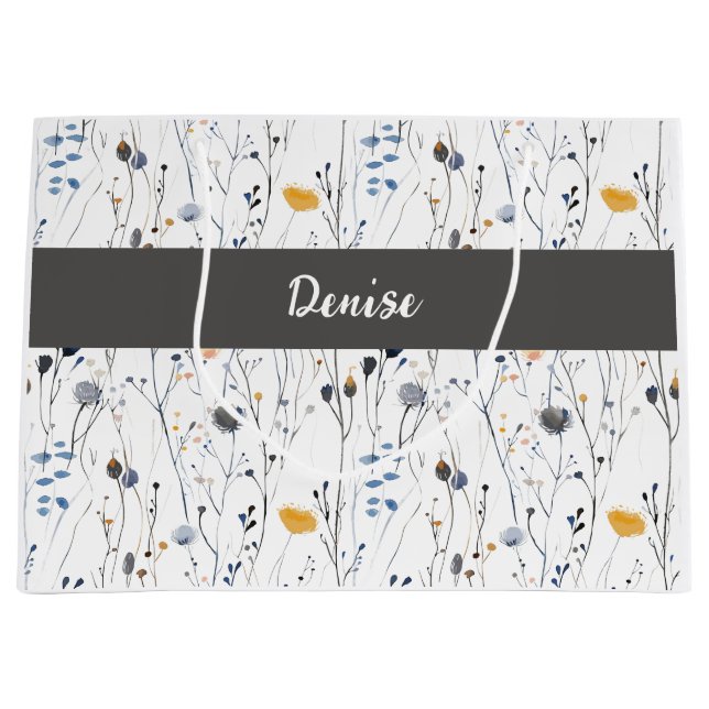 Graublau Wildblumen Wasserfarbe Monogramm Name Große Geschenktüte (Vorderseite)