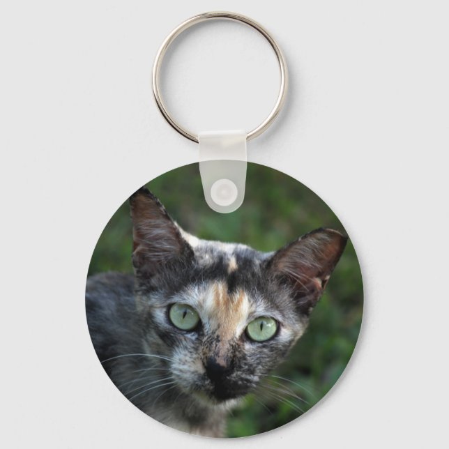 Graubraun-weiße Katze mit grünen Augen Schlüsselanhänger (Vorderseite)
