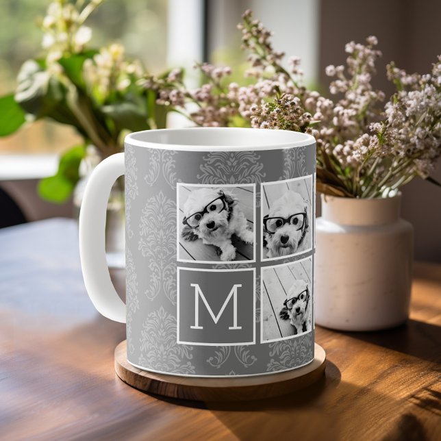 Graue 5-Foto-Collage mit Text Monogramm Kaffeetasse (Personalized mug with photos)