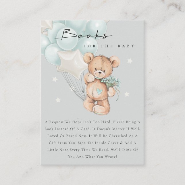Graue Aqua Blue Bear Ballon Bücher für Babydusche Begleitkarte (Vorderseite)