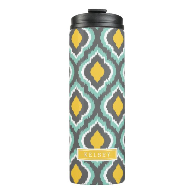 Graue Aqua und Gelbkat-marokkanisches Monogramm Thermosbecher (Vorderseite)