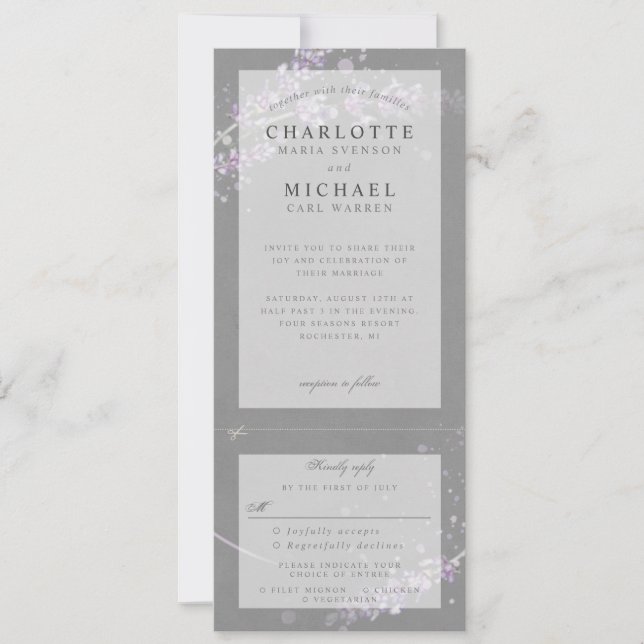Graue Aquarelllavender Hochzeit laden w uAwg Einladung (Vorderseite)