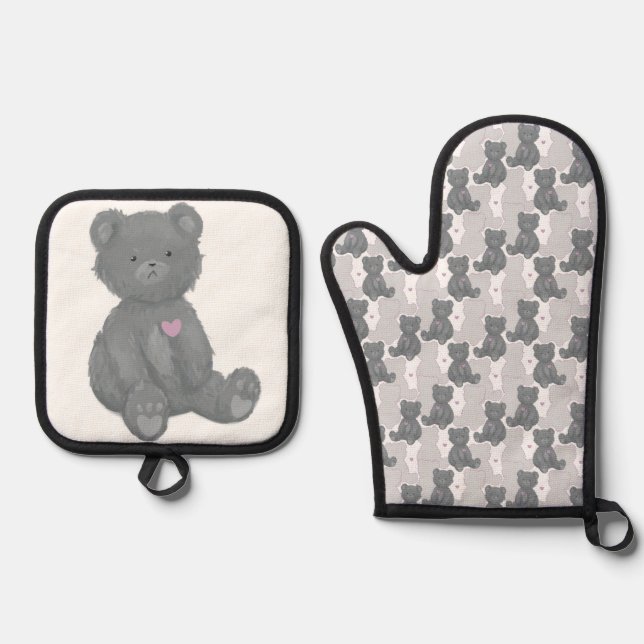 Graue Bärenmuster, rosa Herz, Silhouette Ofenhandschuh & Topflappen-Set (Vorderseite)