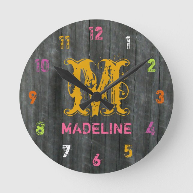 Graue Barnwood Inspiriert farbenfrohe Personalisie Runde Wanduhr (Vorderseite)