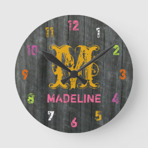 Graue Barnwood Inspiriert farbenfrohe Personalisie Runde Wanduhr