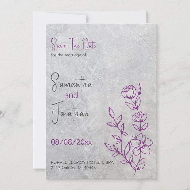 Graue Betondecke und Lila Hochzeit retten das Datu Einladung (Vorderseite)