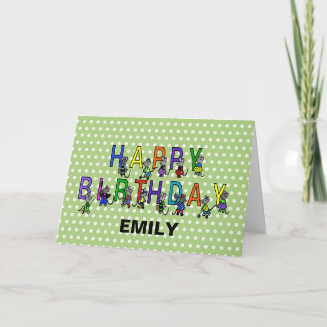 Graue Birthday Mäuse auf Polka Dots Karte (Vorderseite)