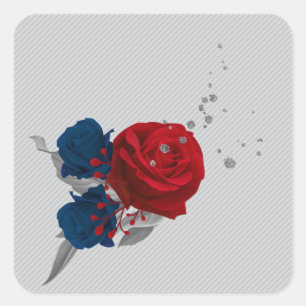 Graue Blätter von Marinebranchen und roten Blume Quadratischer Aufkleber