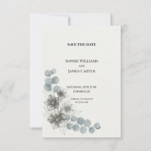 Graue Blaue Anemone Eukalyptus Hochzeit Termin mer Save The Date