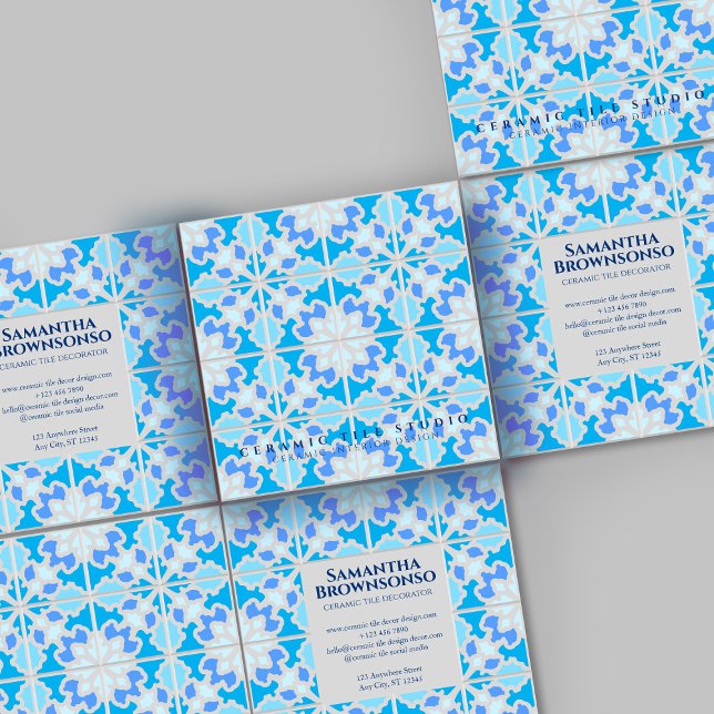 Graue blaue Keramik Tile Quadratische Visitenkarte (Gray-Blue-Ceramic-Tile-Square-Business-Card)