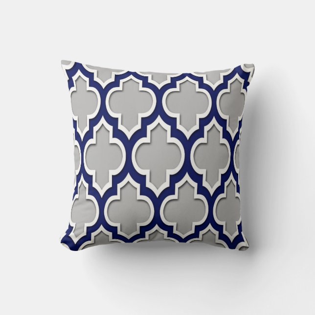 Graue, blaue Marineblau, marokkanisches Quatrefoli Kissen (Vorderseite)