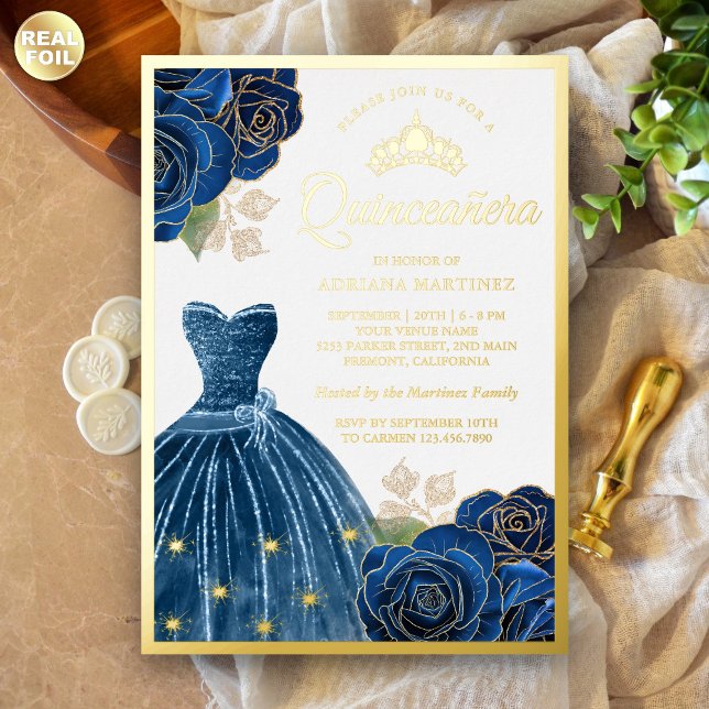 Graue blaue Rose Quinceanera Gold Folieneinladung (Von Creator hochgeladen)
