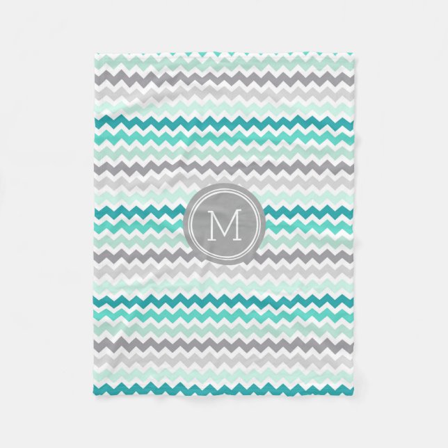 Graue blaue Zickzack Muster-Monogramm-Decke Fleecedecke (Vorderseite)