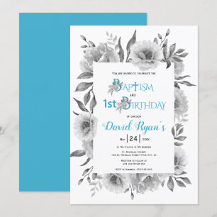 Graue Blume Taufe und 1. Geburtstag blau Einladung