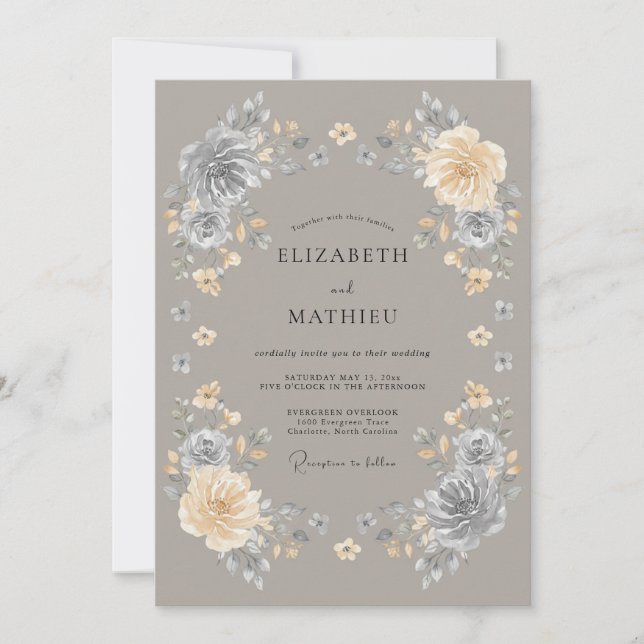 Graue Blumen Verzauberte Hochzeit Einladung (Vorderseite)