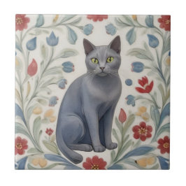 Graue Blumenkatzen - Graue Katze Bunte Volksblumen Fliese