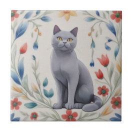 Graue Blumenkatzen - Graue Katze Bunte Volksblumen Fliese