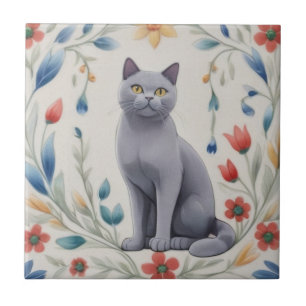 Graue Blumenkatzen - Graue Katze Bunte Volksblumen Fliese