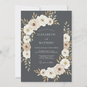 Graue Blumige Lorbeer-Hochzeit Einladung