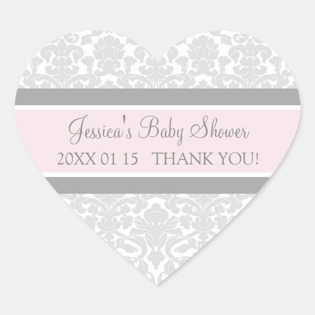Graue Blush Damask Babydusche Pflegeaufkleber Herz-Aufkleber (Vorderseite)