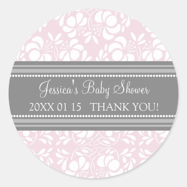 Graue Blush Damask Babydusche Pflegeaufkleber Runder Aufkleber (Vorderseite)