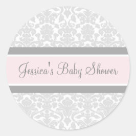 Graue Blush Damask Babydusche Pflegeaufkleber Runder Aufkleber