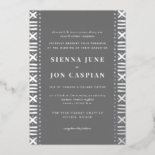 Graue Boho Mudcloth Border Silver Foil Einladung