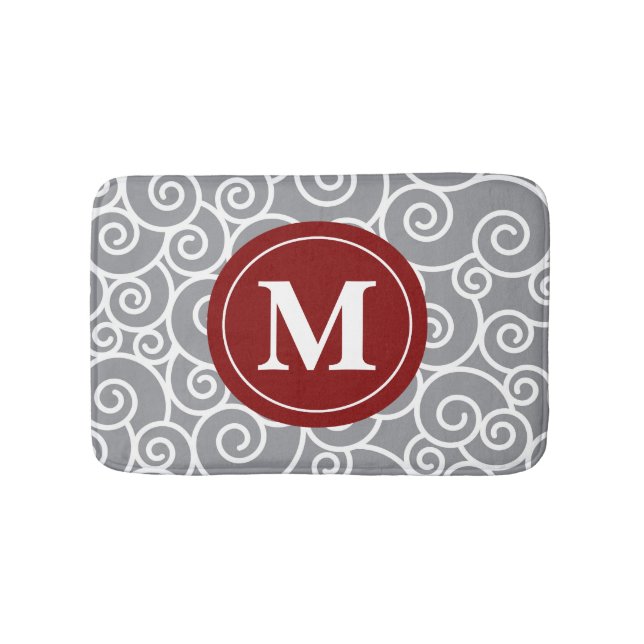 Graue Burgunder-Wirbels-Monogramm-Badematte Badematte (Vorderseite)