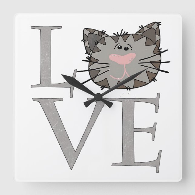 Graue Cat Face Clock Quadratische Wanduhr (Vorderseite)