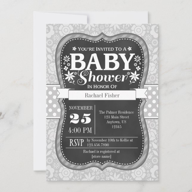 Graue Chalkboard Floral Baby Dusche einladen Einladung (Vorderseite)