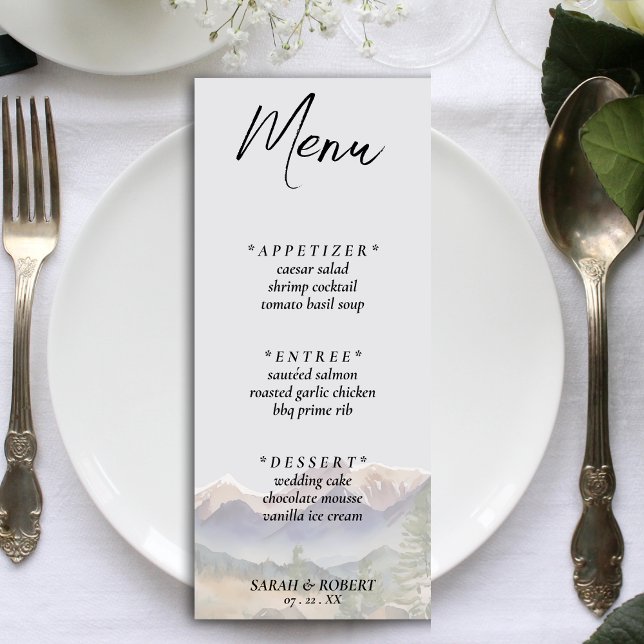 Graue Colorado Rocky Mountain Hochzeitsempfang Menükarte (Grey Colorado Rocky Mountain Wedding Reception Menu)