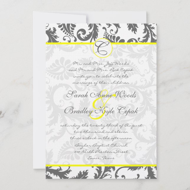 Graue Damasken-Wirbel hellgelbe Hochzeitseinladung Einladung (Vorderseite)