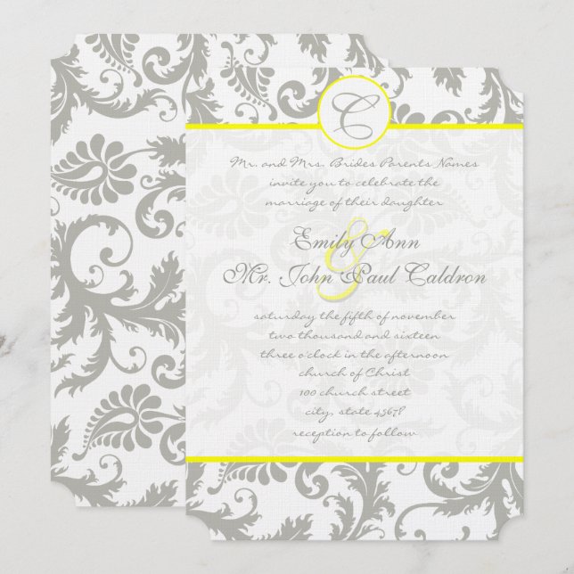 Graue Damasken-Wirbel hellgelbe Hochzeitseinladung Einladung (Vorne/Hinten)